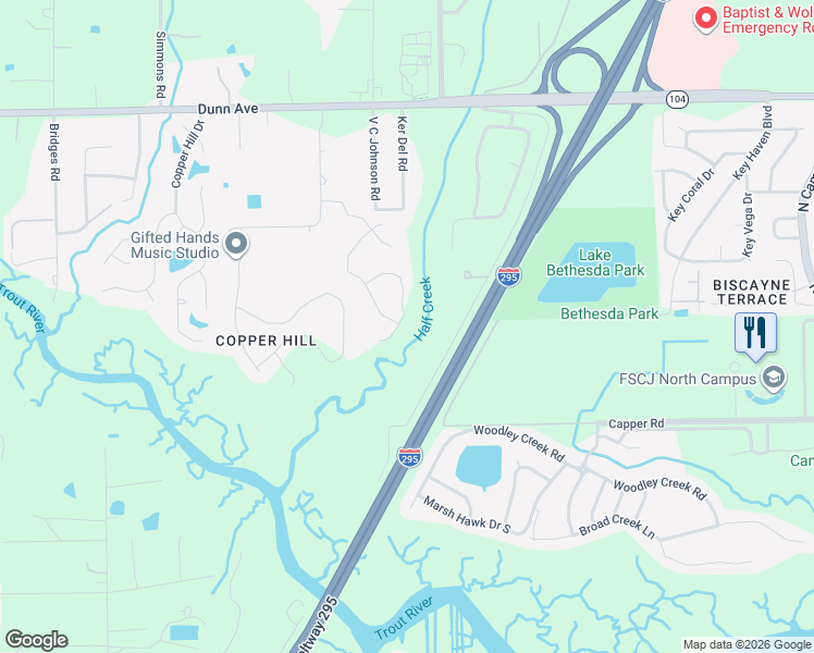 map of restaurants, bars, coffee shops, grocery stores, and more near 10857 Ventnor Avenue in Jacksonville