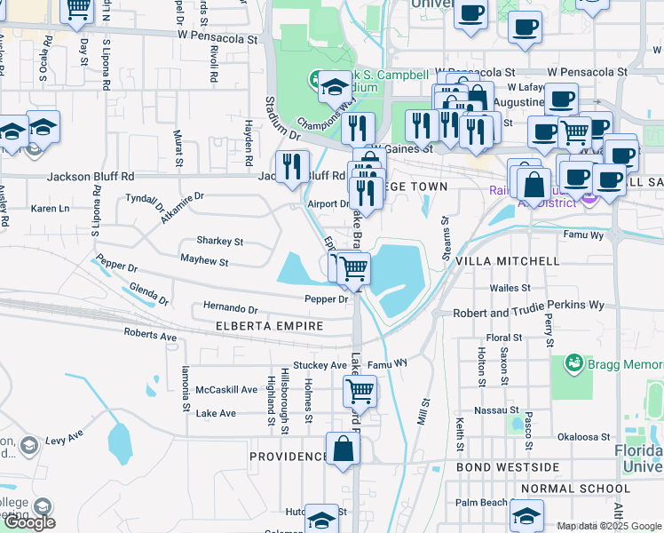 map of restaurants, bars, coffee shops, grocery stores, and more near 1338 Lake Bradford Road in Tallahassee