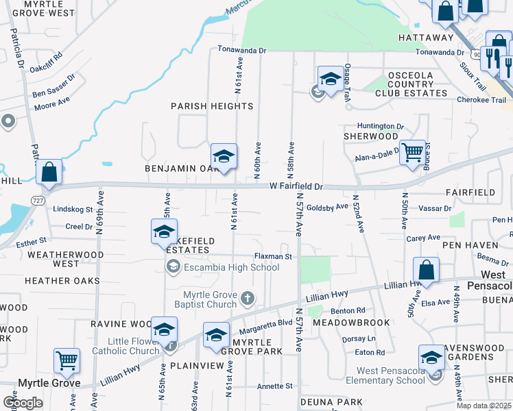 map of restaurants, bars, coffee shops, grocery stores, and more near 5821 West Fairfield Drive in Pensacola