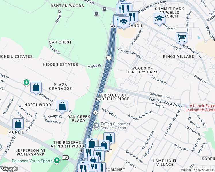 map of restaurants, bars, coffee shops, grocery stores, and more near 3100 Scofield Ridge Parkway in Austin