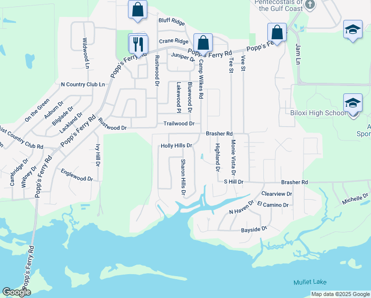 map of restaurants, bars, coffee shops, grocery stores, and more near 786 Holly Hills Drive in Biloxi