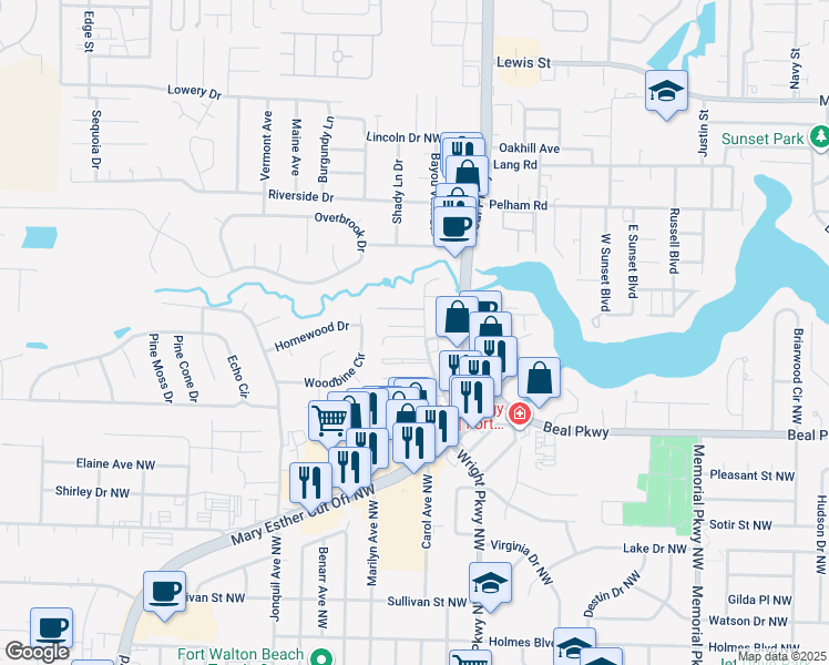 map of restaurants, bars, coffee shops, grocery stores, and more near 606 Virginia Oak Court in Fort Walton Beach