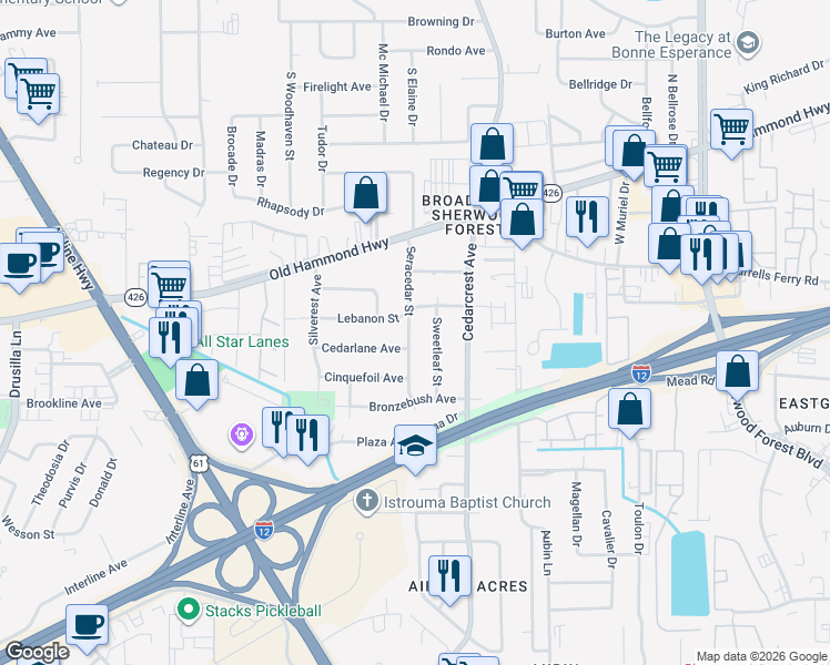 map of restaurants, bars, coffee shops, grocery stores, and more near 2284 Sweetleaf Street in Baton Rouge