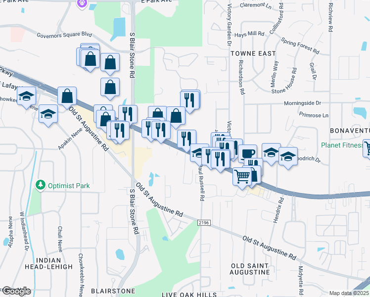 map of restaurants, bars, coffee shops, grocery stores, and more near 2120 Apalachee Parkway in Tallahassee