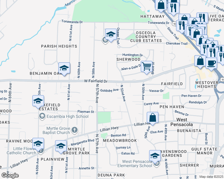 map of restaurants, bars, coffee shops, grocery stores, and more near 5322 Goldsby Avenue in Pensacola
