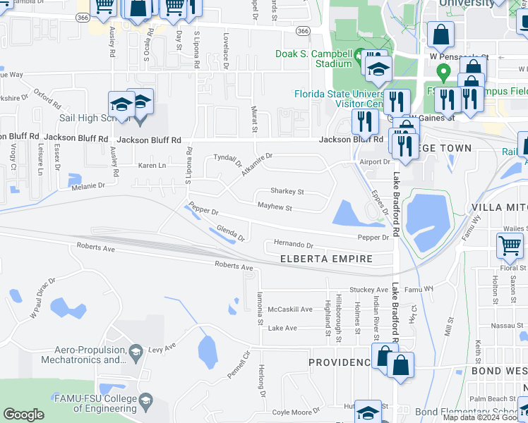map of restaurants, bars, coffee shops, grocery stores, and more near 1659 Mayhew Street in Tallahassee