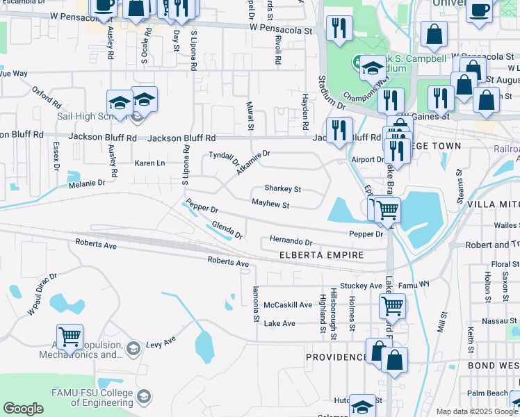 map of restaurants, bars, coffee shops, grocery stores, and more near 1661 Mayhew Street in Tallahassee
