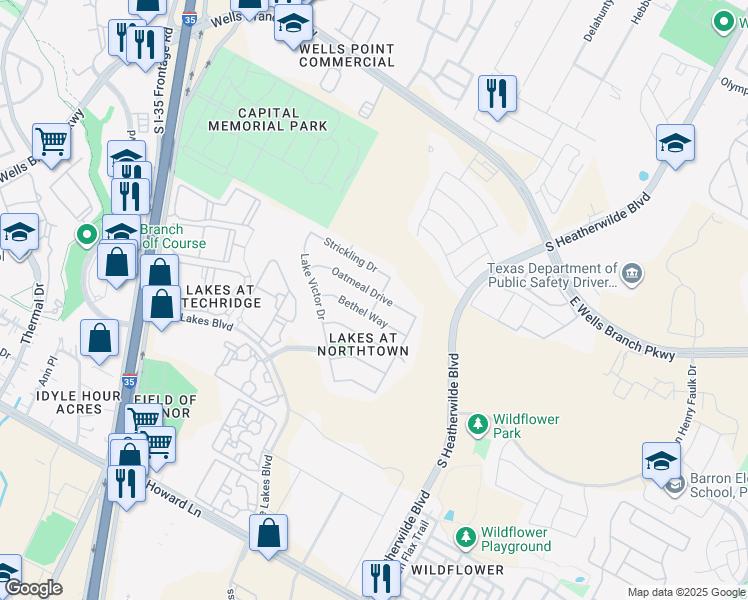 map of restaurants, bars, coffee shops, grocery stores, and more near 901 Oatmeal Drive in Pflugerville