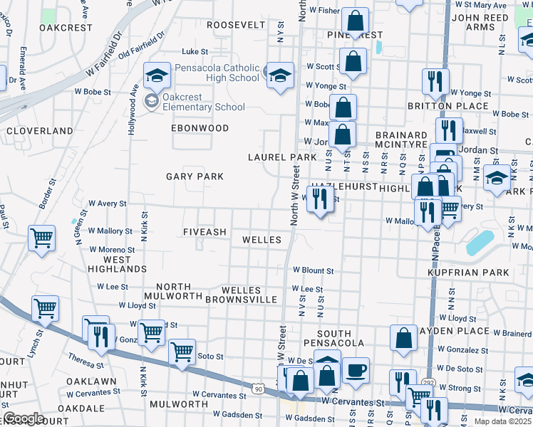 map of restaurants, bars, coffee shops, grocery stores, and more near 1709 North X Street in Pensacola