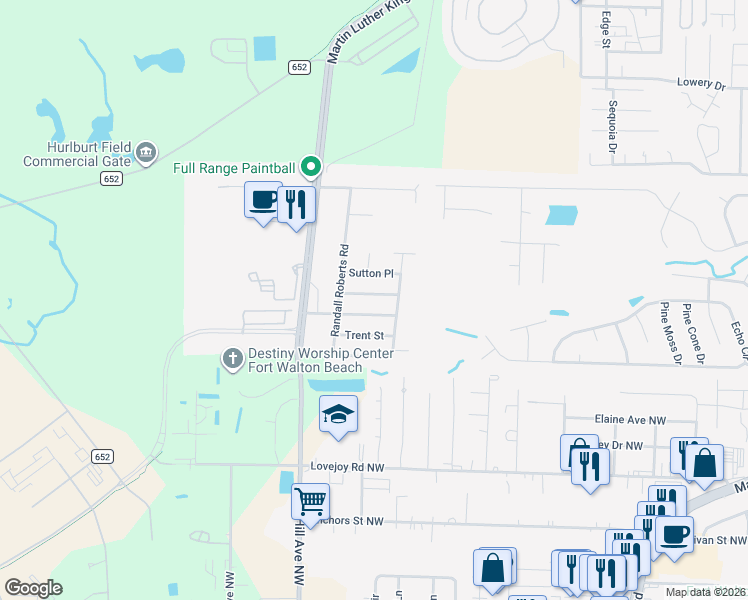 map of restaurants, bars, coffee shops, grocery stores, and more near 1618 Ella Ruth Drive in Fort Walton Beach