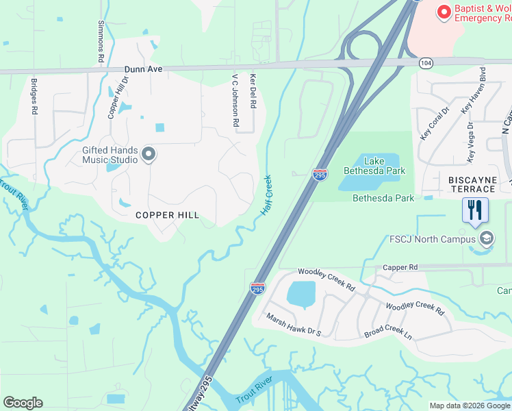 map of restaurants, bars, coffee shops, grocery stores, and more near 10857 Ventnor Avenue in Jacksonville