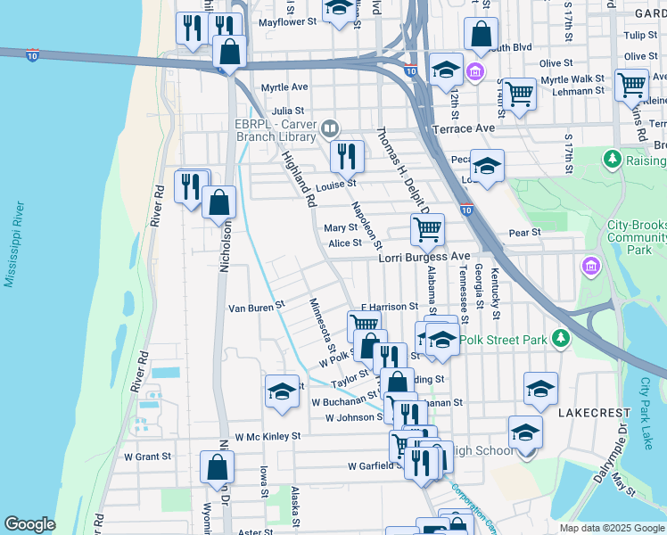 map of restaurants, bars, coffee shops, grocery stores, and more near 1841 Highland Road in Baton Rouge