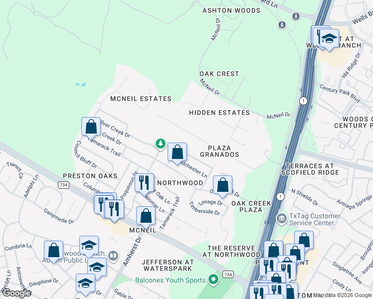 map of restaurants, bars, coffee shops, grocery stores, and more near 3900 Northfield Road in Austin