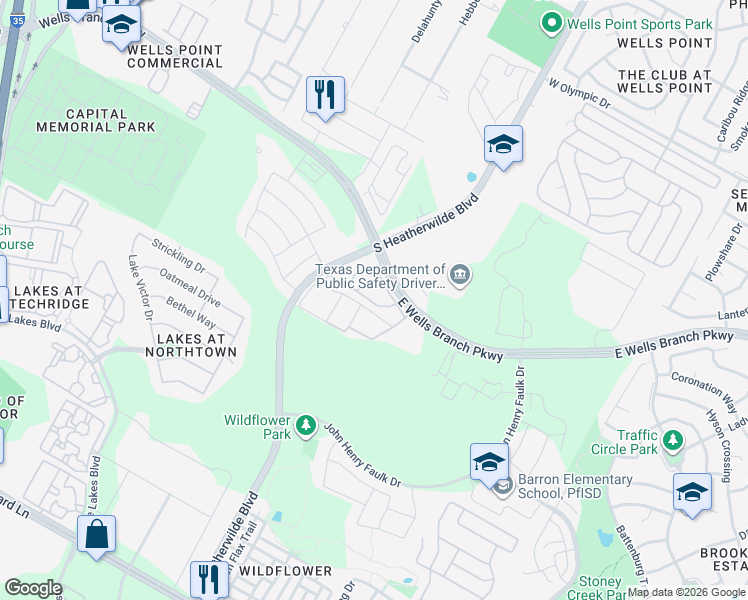 map of restaurants, bars, coffee shops, grocery stores, and more near 1601 South Heatherwilde Boulevard in Pflugerville