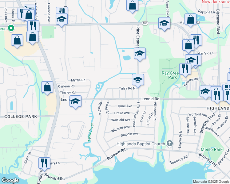 map of restaurants, bars, coffee shops, grocery stores, and more near 10725 Leora Drive in Jacksonville