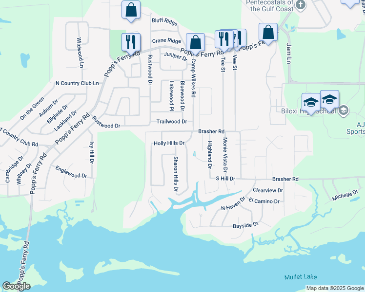 map of restaurants, bars, coffee shops, grocery stores, and more near 786 Holly Hills Drive in Biloxi