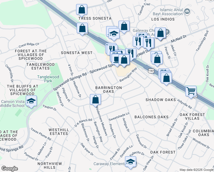 map of restaurants, bars, coffee shops, grocery stores, and more near 7800 Scotland Yard in Austin