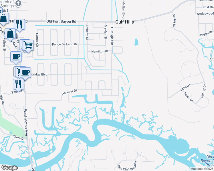 map of restaurants, bars, coffee shops, grocery stores, and more near 6117 J F Douglas Drive in Ocean Springs