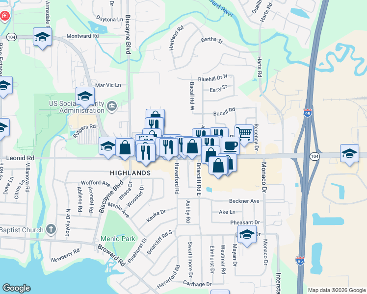 map of restaurants, bars, coffee shops, grocery stores, and more near 12866 Haverford Road in Jacksonville