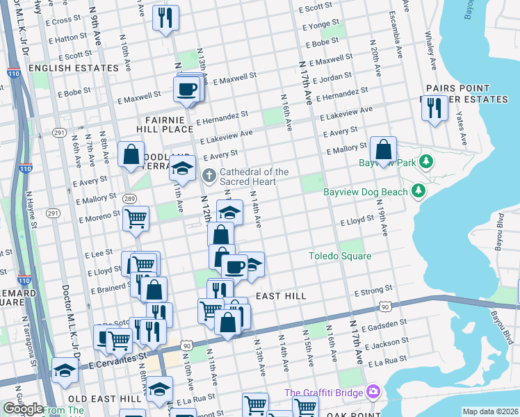 map of restaurants, bars, coffee shops, grocery stores, and more near 1401 East Blount Street in Pensacola
