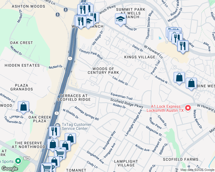 map of restaurants, bars, coffee shops, grocery stores, and more near 13548 Anarosa Loop in Austin