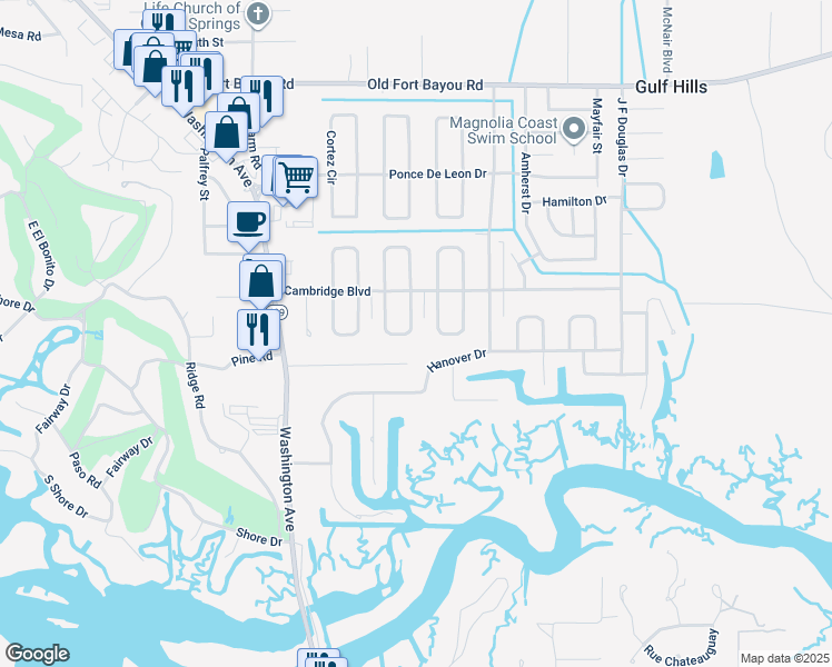 map of restaurants, bars, coffee shops, grocery stores, and more near 6221 Browning Drive in Ocean Springs
