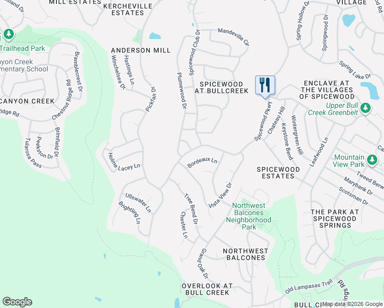map of restaurants, bars, coffee shops, grocery stores, and more near 10505 Spicewood Parkway in Austin