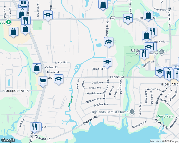 map of restaurants, bars, coffee shops, grocery stores, and more near 10725 Leora Drive in Jacksonville