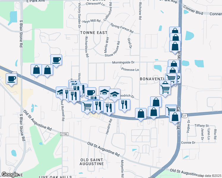 map of restaurants, bars, coffee shops, grocery stores, and more near 1294 Cross Creek Circle in Tallahassee