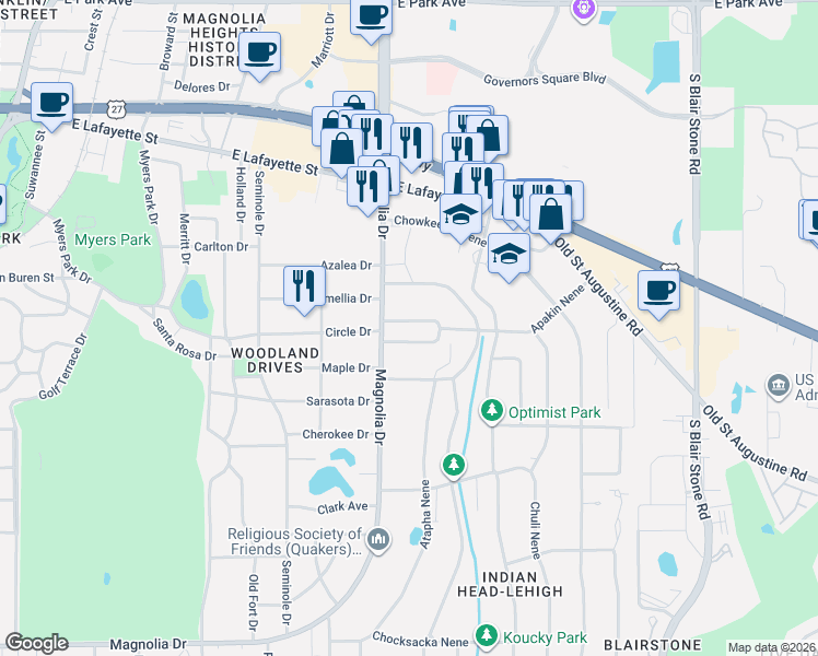 map of restaurants, bars, coffee shops, grocery stores, and more near 1310 Diamond Street in Tallahassee