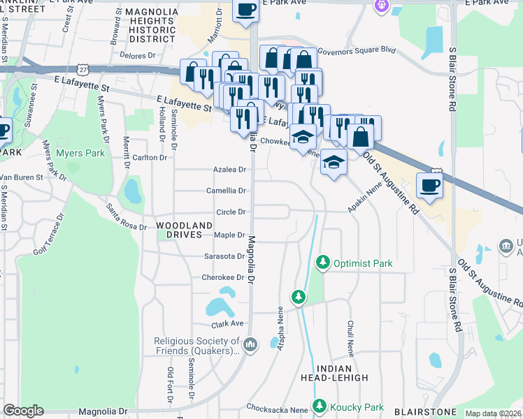 map of restaurants, bars, coffee shops, grocery stores, and more near 1310 Diamond Street in Tallahassee