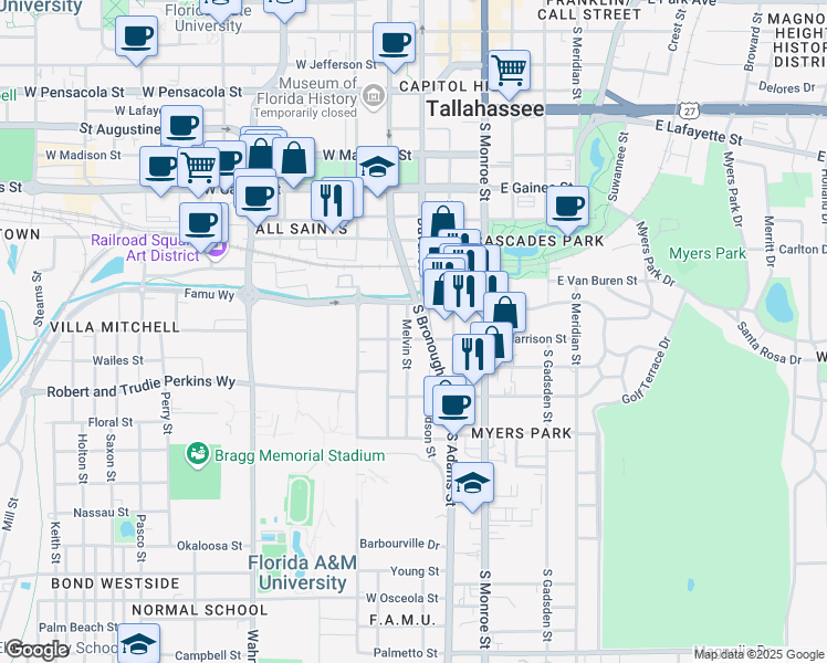 map of restaurants, bars, coffee shops, grocery stores, and more near 1317 Melvin Street in Tallahassee