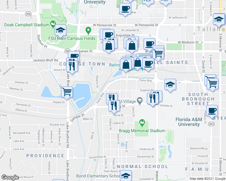 map of restaurants, bars, coffee shops, grocery stores, and more near 727 Eugenia Street in Tallahassee