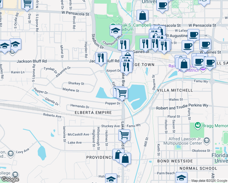 map of restaurants, bars, coffee shops, grocery stores, and more near 1338 Lake Bradford Road in Tallahassee