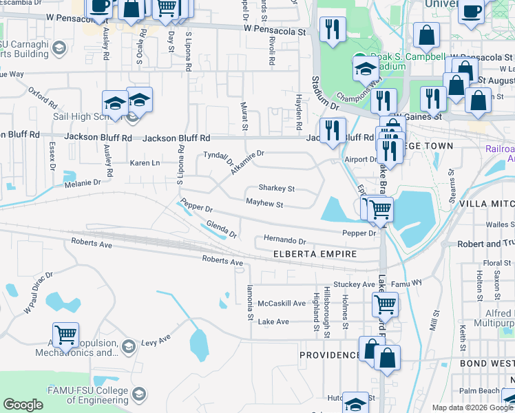 map of restaurants, bars, coffee shops, grocery stores, and more near 1665 Mayhew Street in Tallahassee