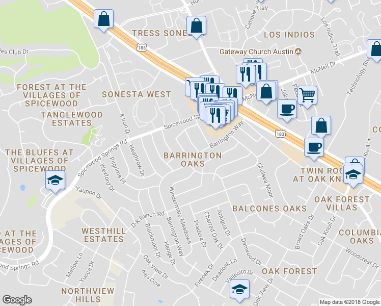 map of restaurants, bars, coffee shops, grocery stores, and more near 7800 Scotland Yard in Austin