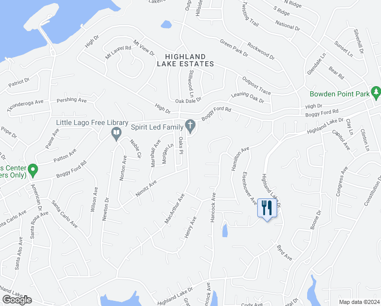 map of restaurants, bars, coffee shops, grocery stores, and more near 48 Oaks Place in Lago Vista