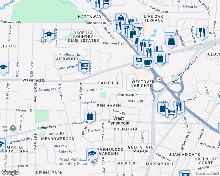 map of restaurants, bars, coffee shops, grocery stores, and more near Stanford Road in Pensacola