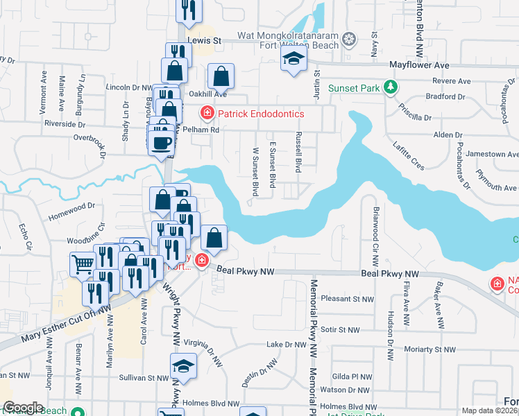 map of restaurants, bars, coffee shops, grocery stores, and more near 640 West Sunset Boulevard in Fort Walton Beach