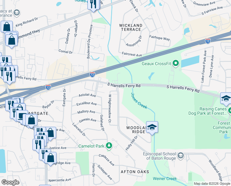 map of restaurants, bars, coffee shops, grocery stores, and more near 2313 West Highmeadow Court in Baton Rouge