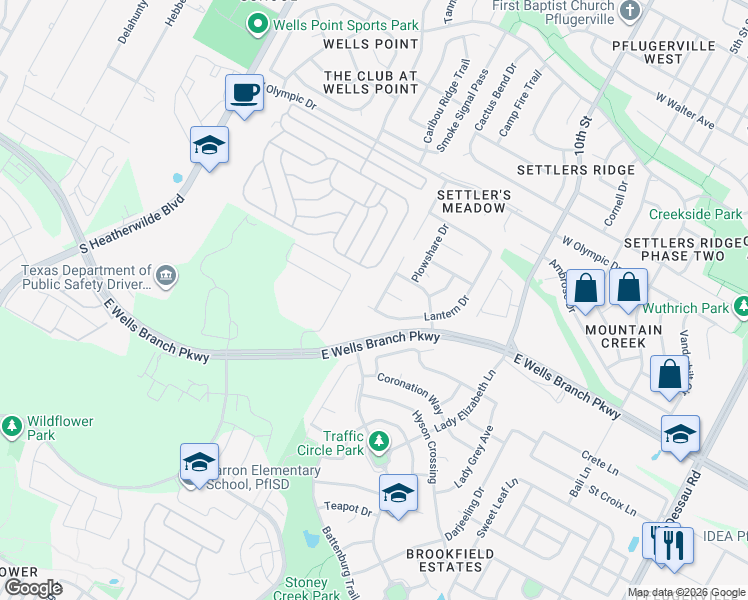 map of restaurants, bars, coffee shops, grocery stores, and more near 14621 Lantern Drive in Pflugerville