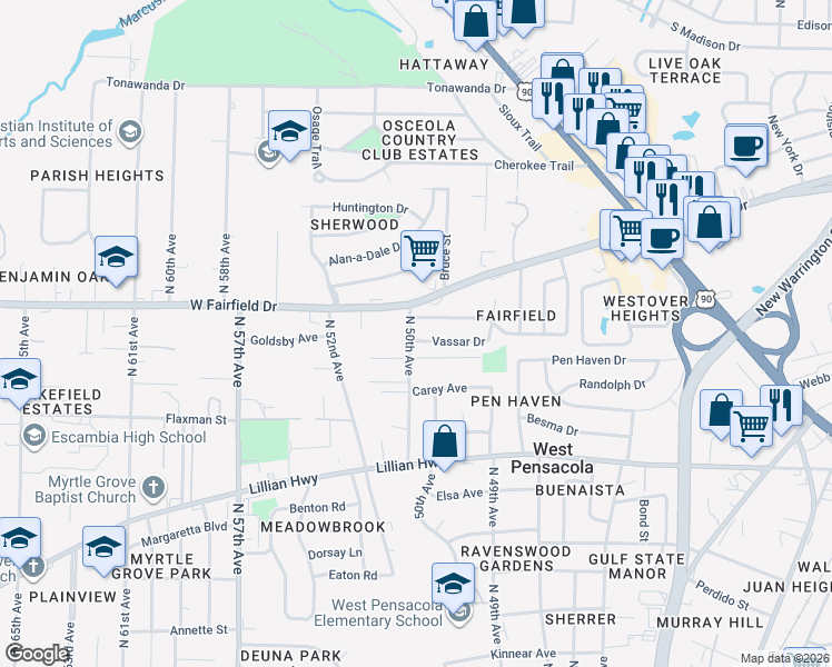 map of restaurants, bars, coffee shops, grocery stores, and more near 174 Vassar Drive in Pensacola