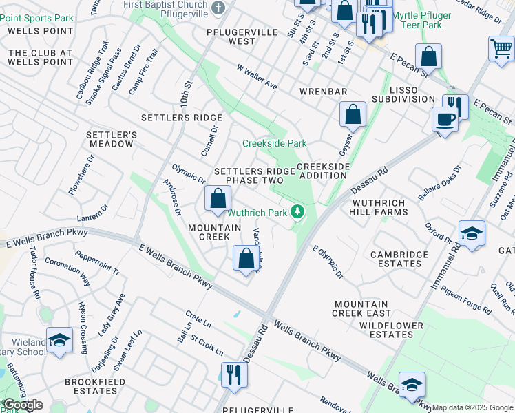 map of restaurants, bars, coffee shops, grocery stores, and more near 1001 Rutgers Drive in Pflugerville