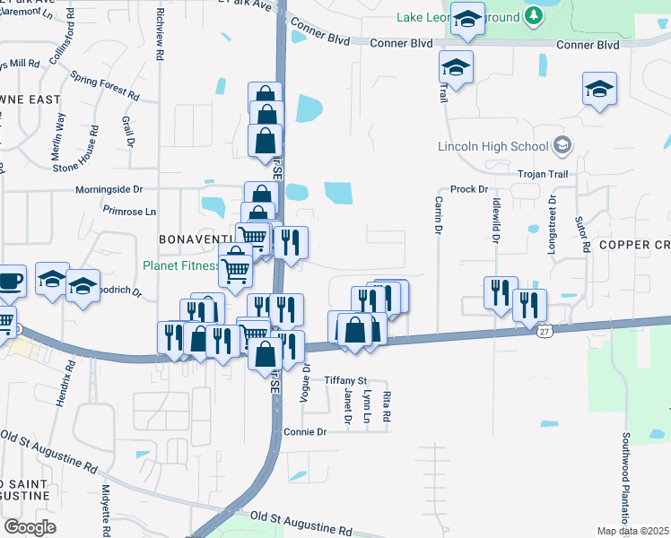 map of restaurants, bars, coffee shops, grocery stores, and more near 3148 Dick Wilson Boulevard in Tallahassee