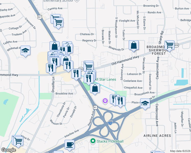 map of restaurants, bars, coffee shops, grocery stores, and more near 9830 Old Hammond Highway in Baton Rouge
