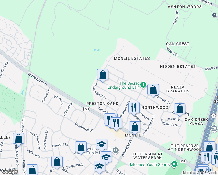 map of restaurants, bars, coffee shops, grocery stores, and more near 4504 Destinys Gate Drive in Austin