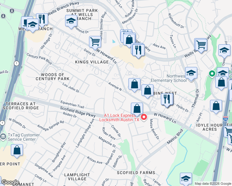 map of restaurants, bars, coffee shops, grocery stores, and more near 38 Crestline Drive in Austin