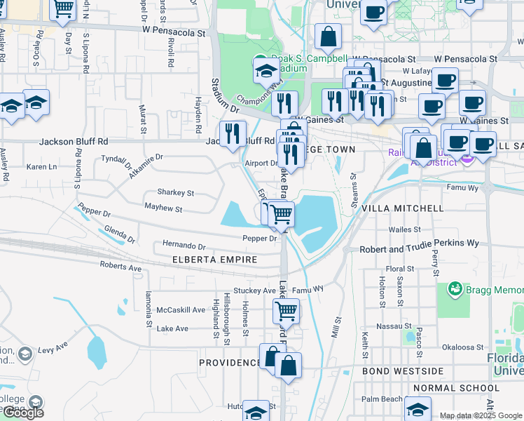 map of restaurants, bars, coffee shops, grocery stores, and more near 1341 Airport Drive in Tallahassee