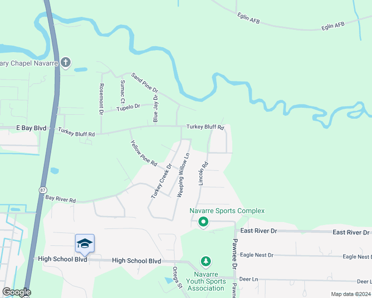 map of restaurants, bars, coffee shops, grocery stores, and more near 2643 Weeping Willow Lane in Navarre