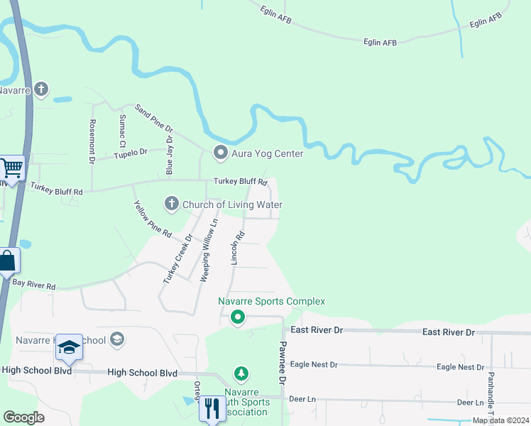 map of restaurants, bars, coffee shops, grocery stores, and more near 8865 Turkey Bluff Road in Navarre